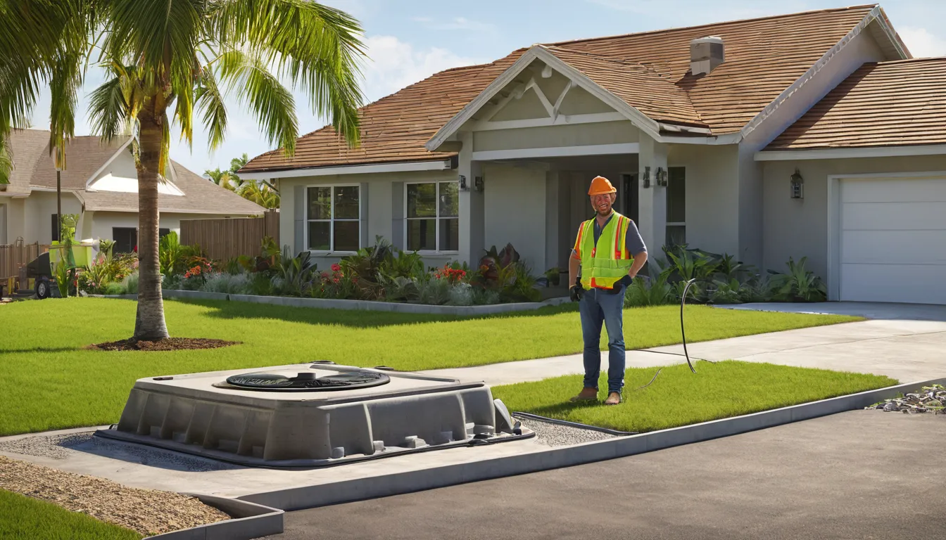 Friendly septic provider checking an open septic tank lid in a sunny residential yard in Winter Springs
